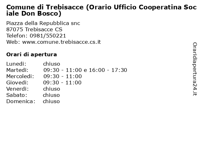 Comune di Trebisacce (Orario Ufficio Cooperatina Sociale Don Bosco) a Trebisacce CS: indirizzo e orari di apertura