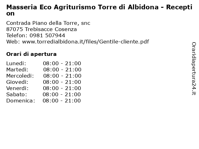 Masseria Eco Agriturismo Torre di Albidona - Reception a Trebisacce Cosenza: indirizzo e orari di apertura
