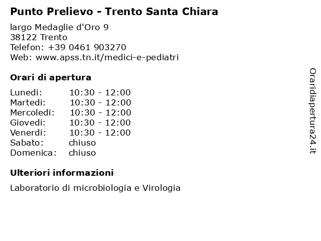 Punto Prelievo - Trento Santa Chiara a Trento: indirizzo e orari di apertura