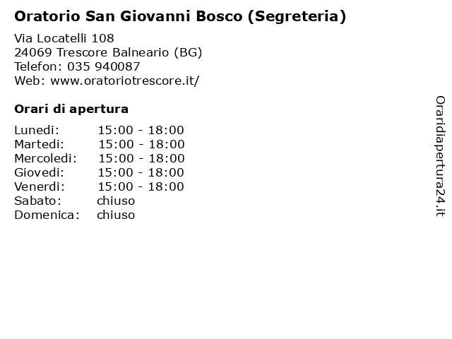 Oratorio San Giovanni Bosco,segreteria a Trescore Balneario (BG): indirizzo e orari di apertura
