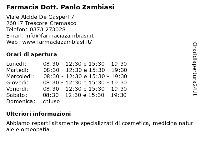 Farmacia Dr. Paolo Zambiasi a Trescore Cremasco CR: indirizzo e orari di apertura
