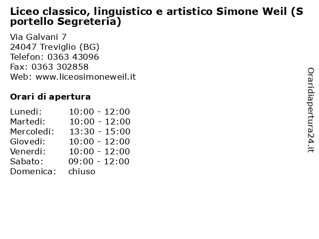 Liceo classico, linguistico e artistico Simone Weil (Sportello Segreteria) a Treviglio (BG): indirizzo e orari di apertura