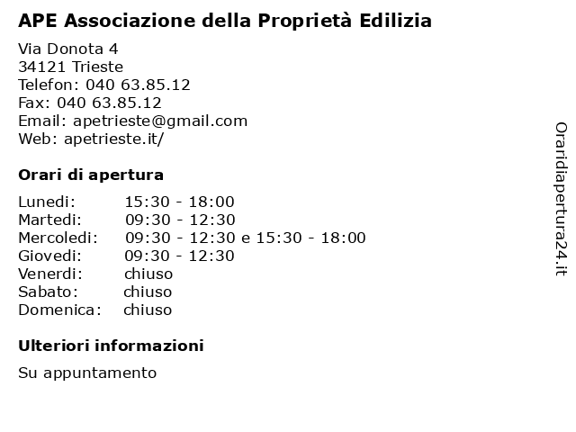 APE Associazione della Proprietà Edilizia a Trieste: indirizzo e orari di apertura