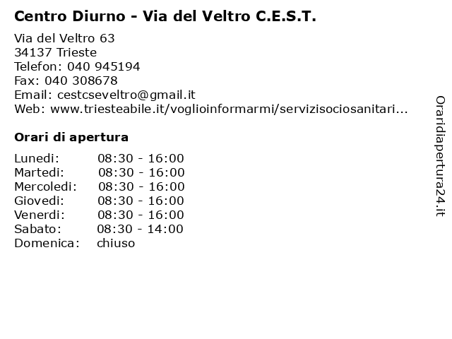 Centro Diurno - Via del Veltro C.E.S.T. a Trieste: indirizzo e orari di apertura