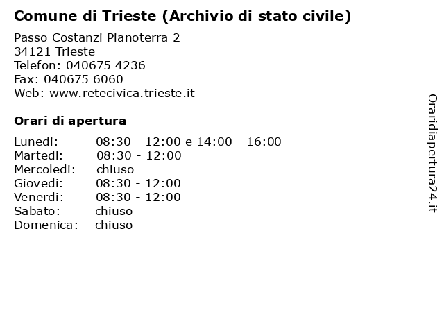 Comune di Trieste (Archivio di stato civile) a Trieste: indirizzo e orari di apertura