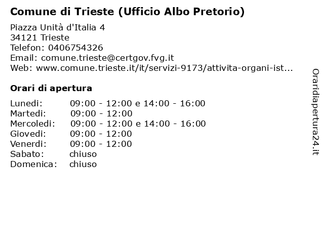 Comune di Trieste (Ufficio Albo Pretorio) a Trieste: indirizzo e orari di apertura
