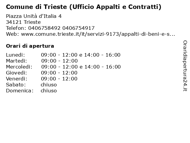 Comune di Trieste (Ufficio Appalti e Contratti) a Trieste: indirizzo e orari di apertura