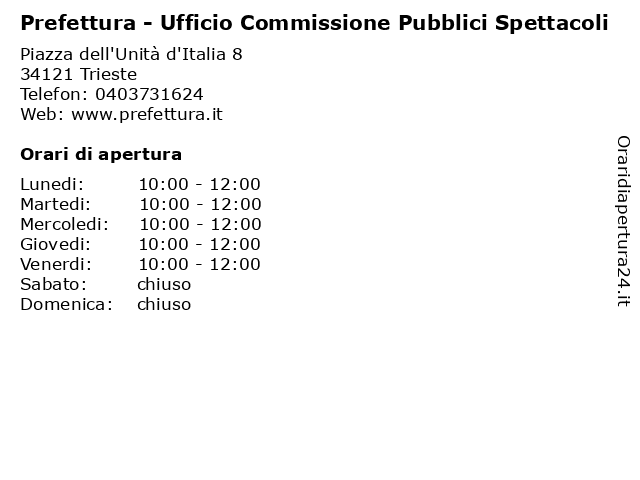 Prefettura - Ufficio Commissione Pubblici Spettacoli a Trieste: indirizzo e orari di apertura
