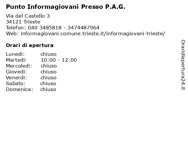 Punto Informagiovani Presso P.A.G. a Trieste: indirizzo e orari di apertura