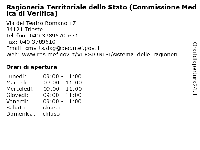 Ragioneria Territoriale dello Stato (Commissione Medica di Verifica) a Trieste: indirizzo e orari di apertura