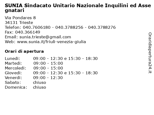 SUNIA Sindacato Unitario Nazionale Inquilini ed Assegnatari a Trieste: indirizzo e orari di apertura