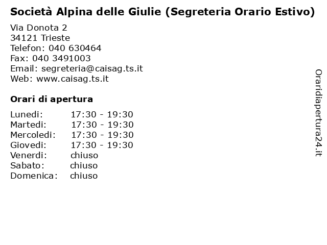 Società Alpina delle Giulie (Segreteria Orario Estivo) a Trieste: indirizzo e orari di apertura