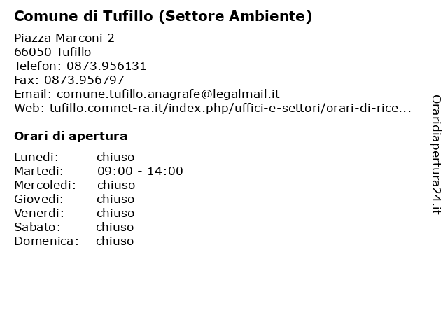 Comune di Tufillo (Settore Ambiente) a Tufillo: indirizzo e orari di apertura