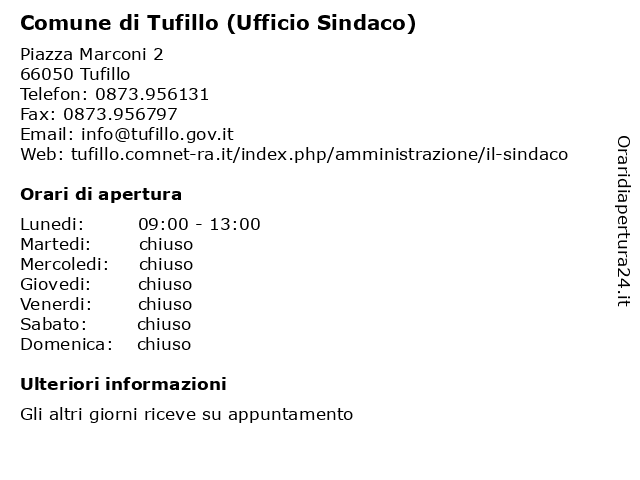 Comune di Tufillo (Ufficio Sindaco) a Tufillo: indirizzo e orari di apertura