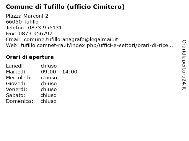 Comune di Tufillo (ufficio Cimitero) a Tufillo: indirizzo e orari di apertura