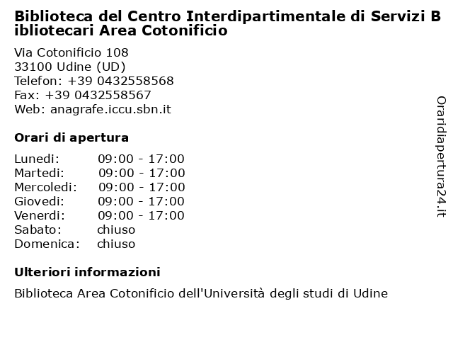 Biblioteca del Centro Interdipartimentale di Servizi Bibliotecari Area Cotonificio a Udine (UD): indirizzo e orari di apertura