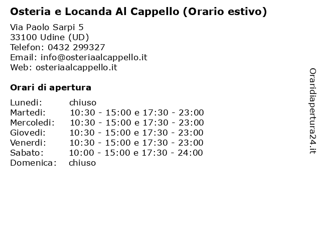 Osteria e Locanda Al Cappello (Orario estivo) a Udine (UD): indirizzo e orari di apertura