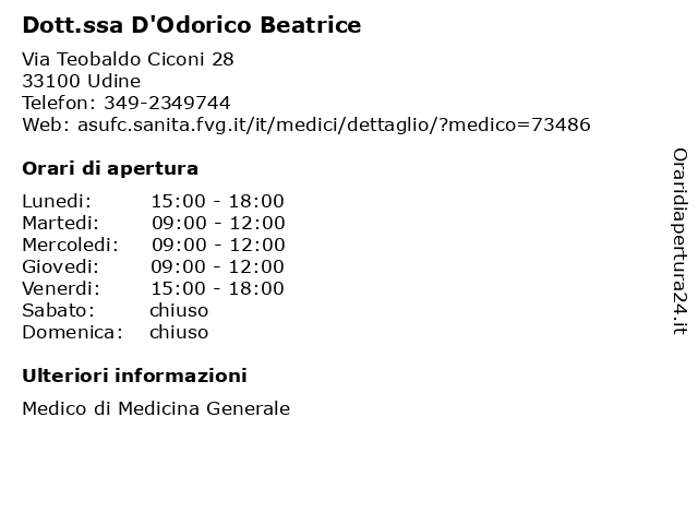 Dott.ssa D'Odorico Beatrice a Udine: indirizzo e orari di apertura