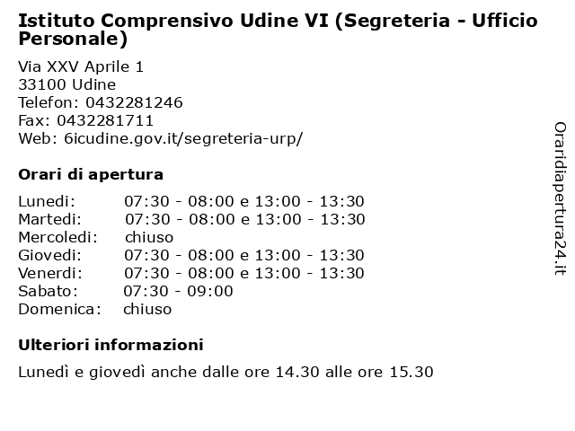 Istituto Comprensivo Udine VI (Segreteria - Ufficio Personale) a Udine: indirizzo e orari di apertura