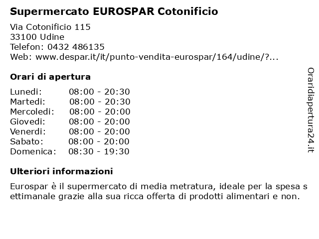 Supermercato EUROSPAR Cotonificio a Udine: indirizzo e orari di apertura