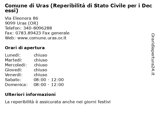 Comune di Uras (Reperibilità di Stato Civile per i Decessi) a Uras (OR): indirizzo e orari di apertura