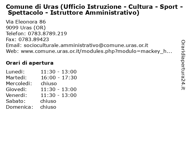 Comune di Uras (Ufficio Istruzione - Cultura - Sport - Spettacolo - Istruttore Amministrativo) a Uras (OR): indirizzo e orari di apertura
