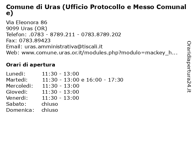 Comune di Uras (Ufficio Protocollo e Messo Comunale) a Uras (OR): indirizzo e orari di apertura
