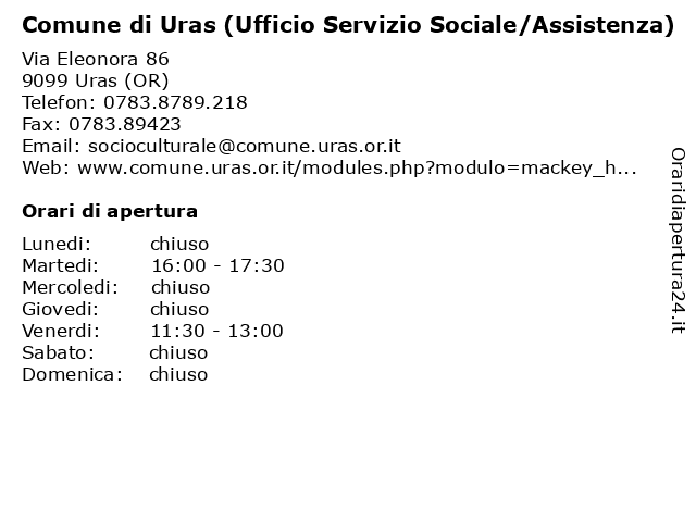 Comune di Uras (Ufficio Servizio Sociale/Assistenza) a Uras (OR): indirizzo e orari di apertura
