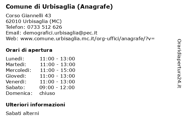 Comune di Urbisaglia (Anagrafe) a Urbisaglia (MC): indirizzo e orari di apertura