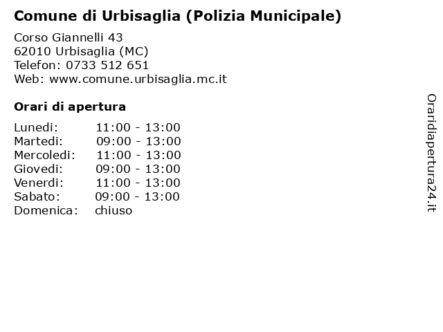 Comune di Urbisaglia (Polizia Municipale) a Urbisaglia (MC): indirizzo e orari di apertura