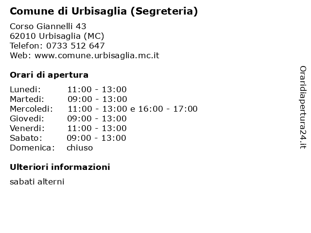 Comune di Urbisaglia (Segreteria) a Urbisaglia (MC): indirizzo e orari di apertura