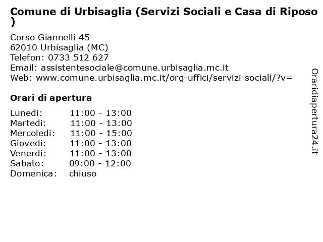 Comune di Urbisaglia (Servizi Sociali e Casa di Riposo) a Urbisaglia (MC): indirizzo e orari di apertura