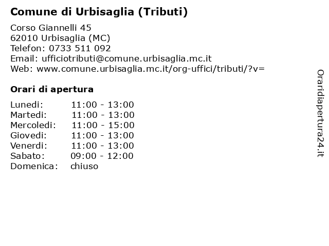 Comune di Urbisaglia (Tributi) a Urbisaglia (MC): indirizzo e orari di apertura