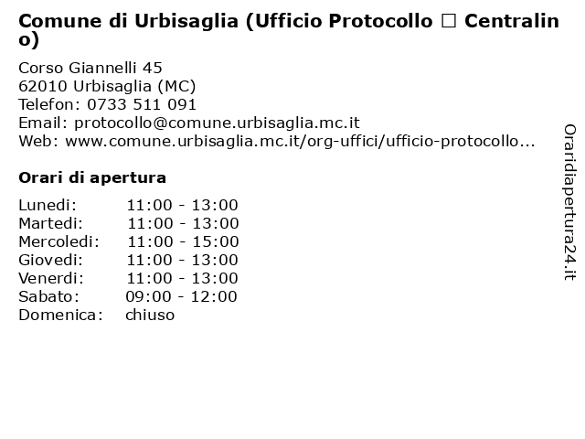 Comune di Urbisaglia (Ufficio Protocollo – Centralino) a Urbisaglia (MC): indirizzo e orari di apertura