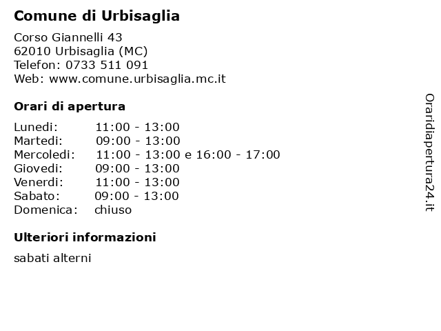 Comune di Urbisaglia a Urbisaglia (MC): indirizzo e orari di apertura