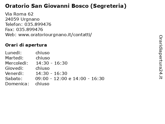 Oratorio San Giovanni Bosco (Segreteria) a Urgnano: indirizzo e orari di apertura