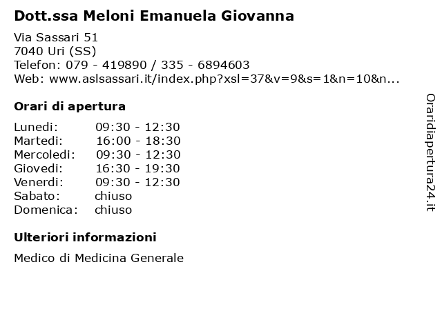 Dott.ssa Meloni Emanuela Giovanna a Uri (SS): indirizzo e orari di apertura