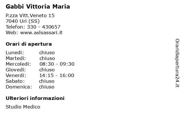 Gabbi Vittoria Maria a Uri (SS): indirizzo e orari di apertura