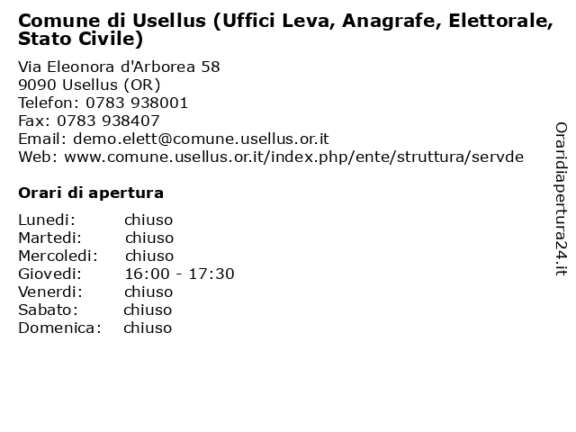 Comune di Usellus (Uffici Leva, Anagrafe, Elettorale, Stato Civile) a Usellus (OR): indirizzo e orari di apertura