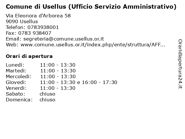 Comune di Usellus (Ufficio Servizio Amministrativo) a Usellus: indirizzo e orari di apertura