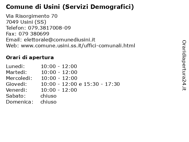 Comune di Usini (Servizi Demografici - Stato civile Leva Elettorale) a Usini (SS): indirizzo e orari di apertura