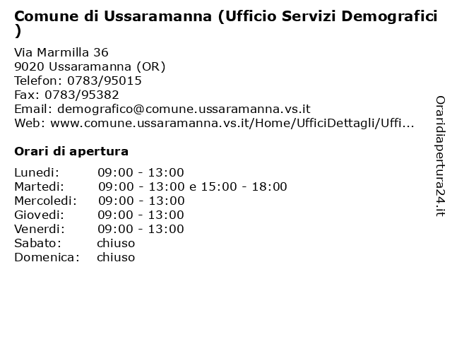 Comune di Ussaramanna (Ufficio Servizi Demografici) a Ussaramanna (OR): indirizzo e orari di apertura