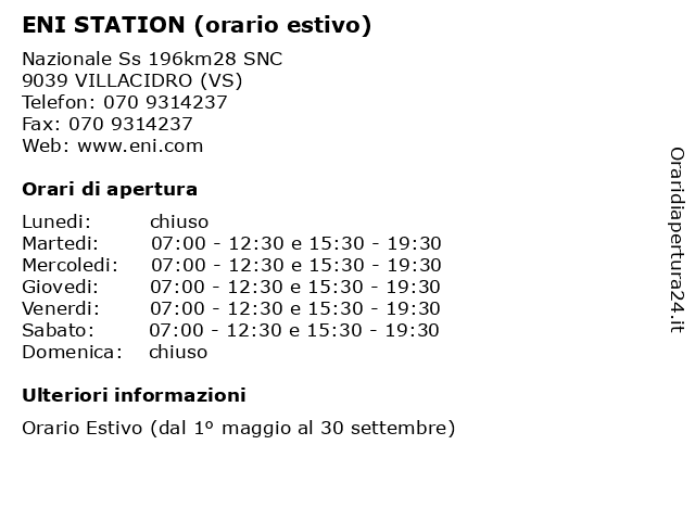 ENI STATION (orario estivo) a VILLACIDRO (VS): indirizzo e orari di apertura