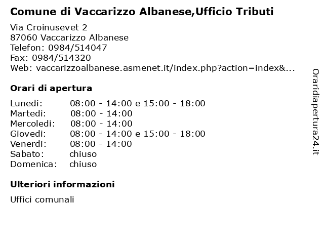 Comune di Vaccarizzo Albanese,Ufficio Tributi a Vaccarizzo Albanese: indirizzo e orari di apertura