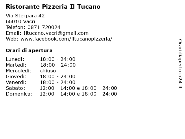 Ristorante Pizzeria Il Tucano a Vacri: indirizzo e orari di apertura