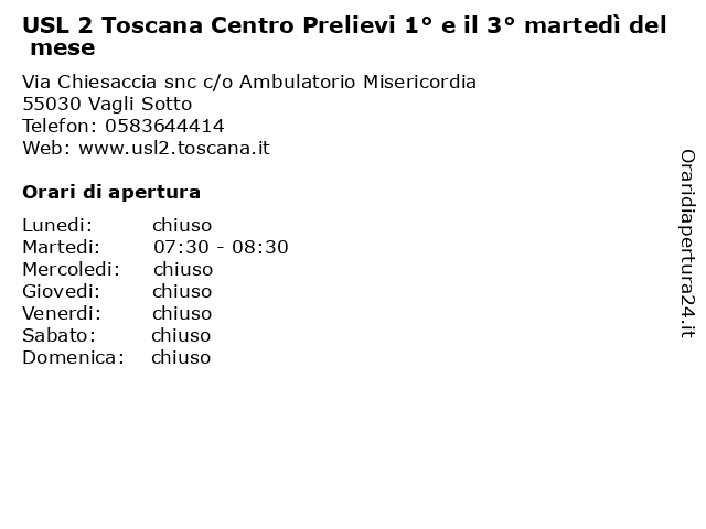 USL 2 Toscana Centro Prelievi 1° e il 3° martedì del mese a Vagli Sotto: indirizzo e orari di apertura