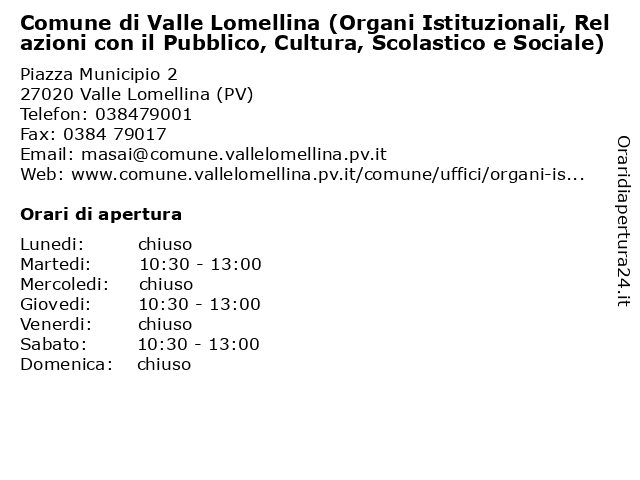 Comune di Valle Lomellina (Organi Istituzionali, Relazioni con il Pubblico, Cultura, Scolastico e Sociale) a Valle Lomellina (PV): indirizzo e orari di apertura