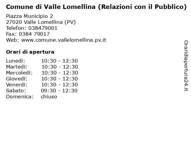 Comune di Valle Lomellina (Relazioni con il Pubblico) a Valle Lomellina (PV): indirizzo e orari di apertura