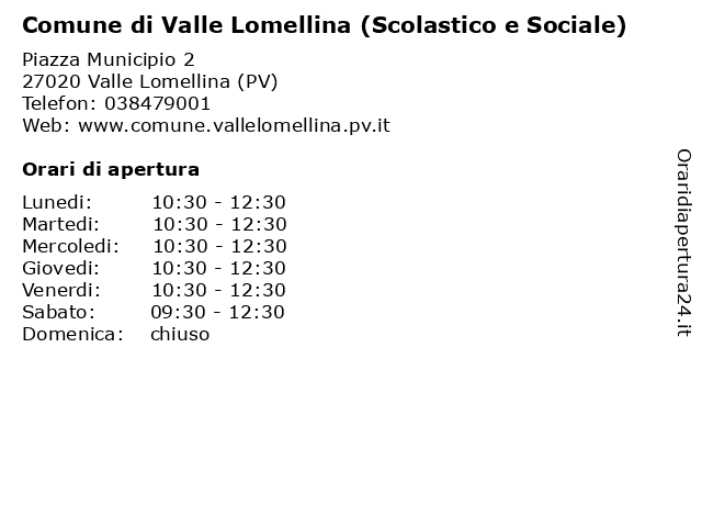 Comune di Valle Lomellina (Scolastico e Sociale) a Valle Lomellina (PV): indirizzo e orari di apertura