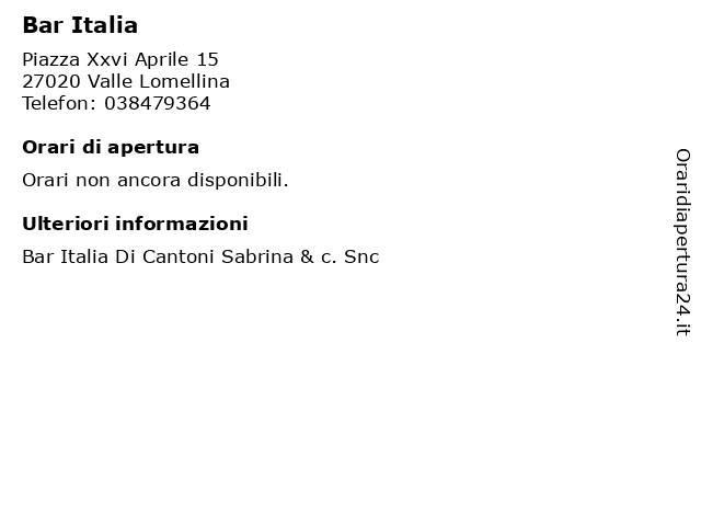 Bar Italia a Valle Lomellina: indirizzo e orari di apertura